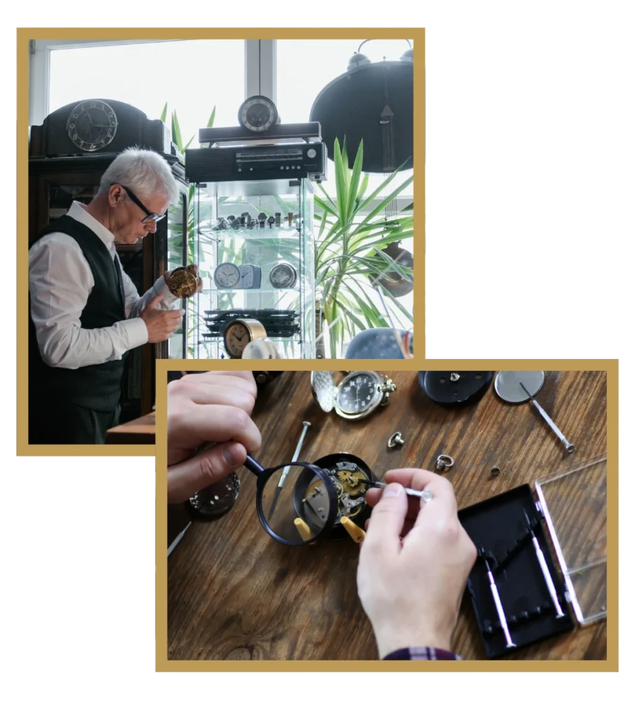 Horloger réparateur en cours de réparation d’horloges anciennes dans son atelier à Saulx-les-Chartreux